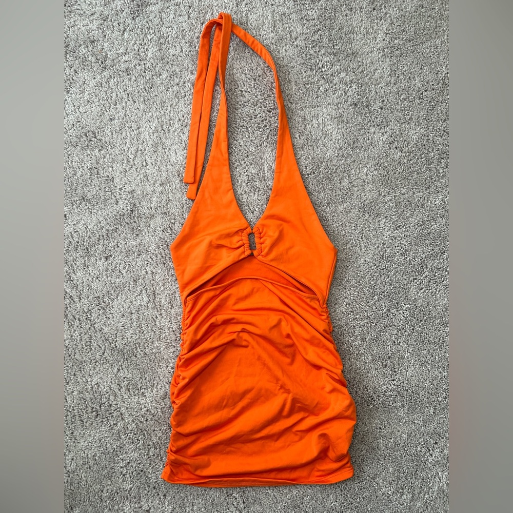 Orange halter bodycon rouched mini dress S